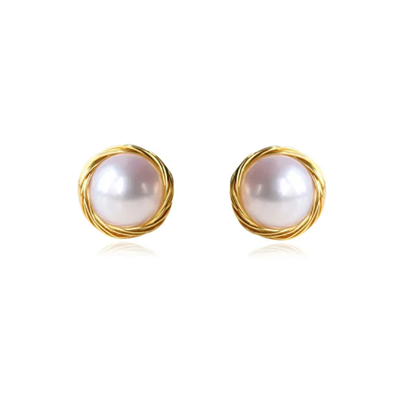 Women's Retro Niche High-Grade Freshwater Pearl Earrings Hand Woven Thread with Silver Needle Simple Elegant Gold Plating