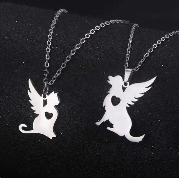 Angel Wing Cat and Dog Heart Pendant Necklaces for Women Girls Stainless Steel Neck Chain Pet Animal Jewelry Gift