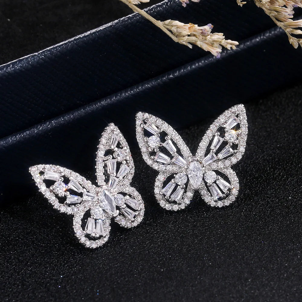 CAOSHI Elegant Cubic Zirconia Silver Plated Butterfly Earring 3A Zircon Ladies Wedding Engagement Bridal Stud Earrings for Women