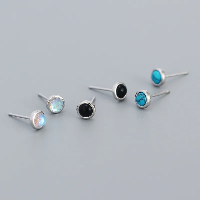Minimalist Earrings 925 Sterling Silver Round Moonstone Agate Turquoise Stone Stud Earrings for Women