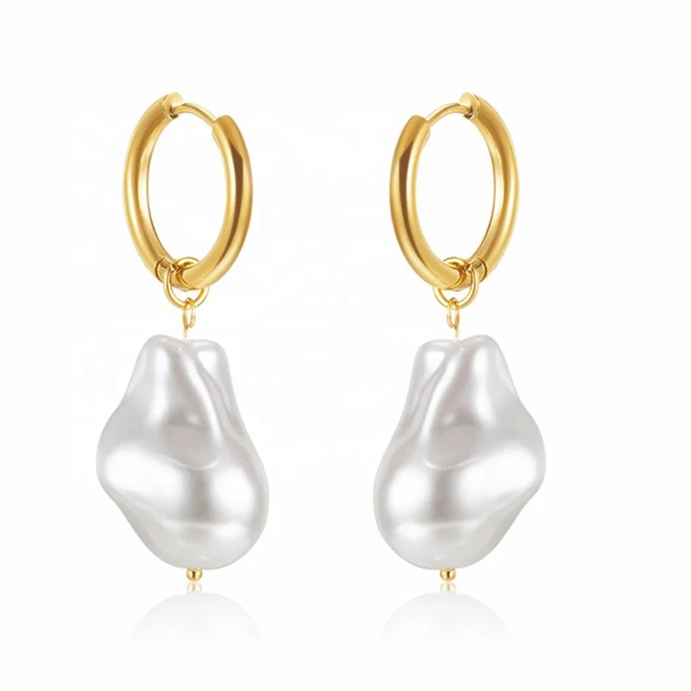 MECYLIFE 2022 Women Fashion Dainty Pearl Earrings Gold Plated Stainless Steel Hoops Drop Earrings