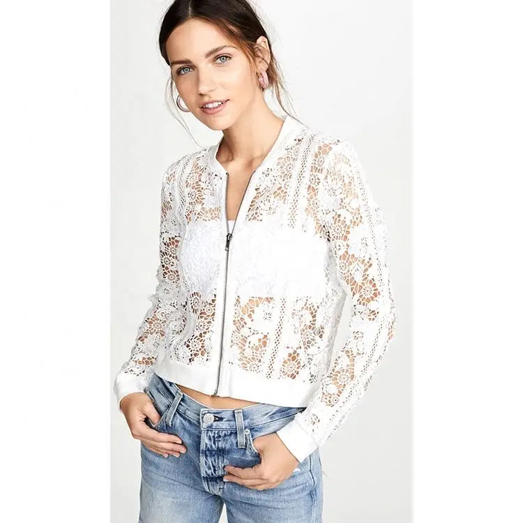 Latest England Style Vantage Metal Zipper Short Solid Breathable Hand Embroidery Crochet Lace Jacket Transparent Crochet Blazer