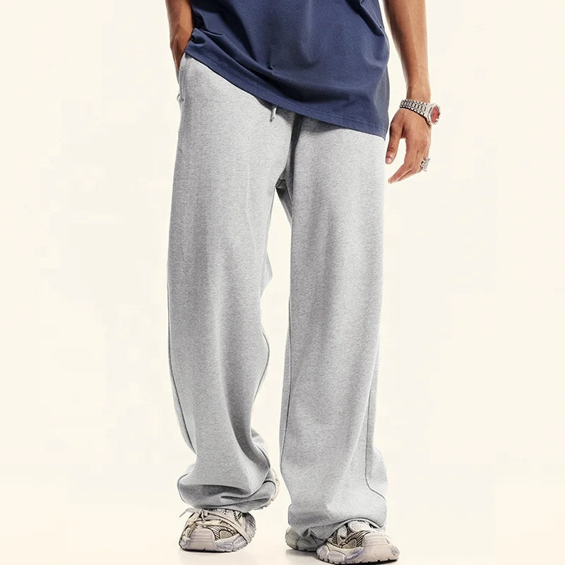 380GSM Heavyweight Loose Back With Contrasting Yarn-dyed Ribbon Design With Drawstring Elastic Belt Straight Leg Tracksuit Pants