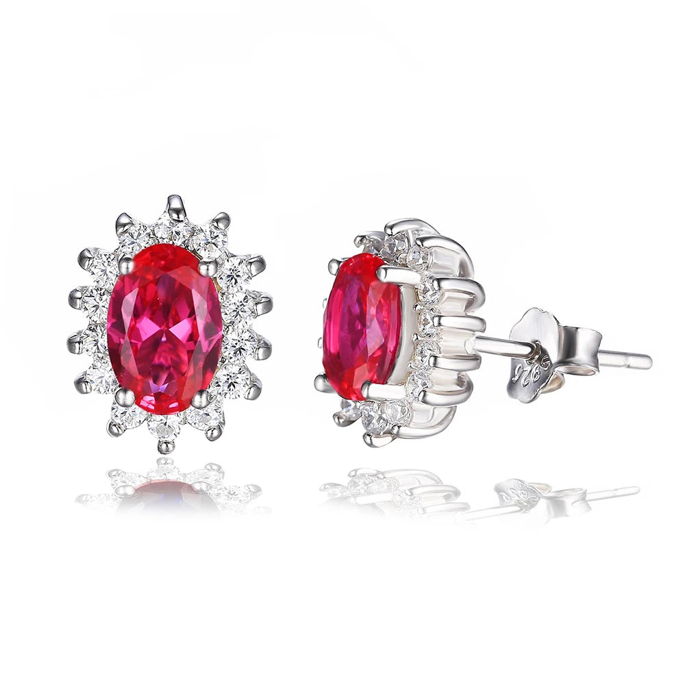 Trendy 925 Sterling Silver Oval Ruby Birthstone Stud Halo Earrings 6*4mm Fashion Jewelry for Women-for Party Engagement Gift
