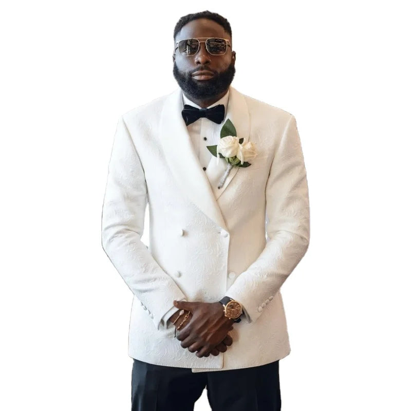 White Floral Jacquard Wedding Men Suits Double Breasted Black Pants Blazer Sets Groom Groomsmen Slim Fit 2 Piece Men Suit