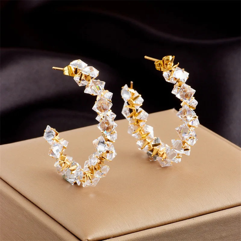 2023 New Big Tarnish Free 18k Gold Plated 316l Stainless Steel Crystal Beads C Shape Hoop Earrings Women