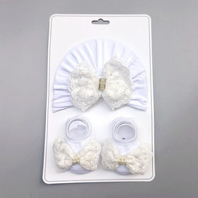 MIO Summer 0-12 Months Baby Lace Bow Headband Socks Set Fashion Cotton Breathable White Pearl Bowknot Newborn Hat Socks Set