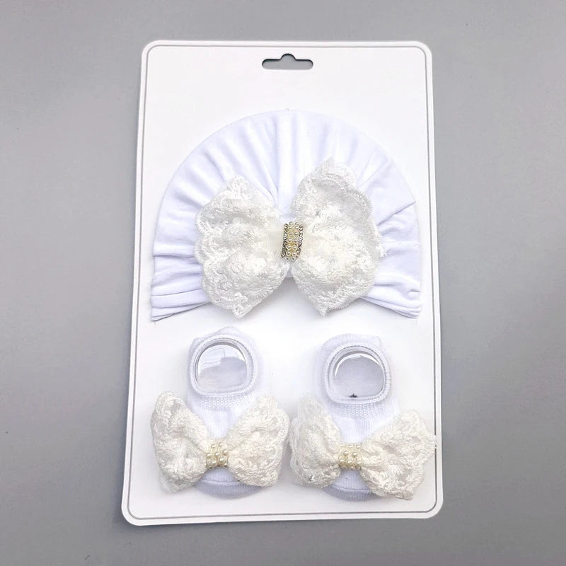 MIO Summer 0-12 Months Baby Lace Bow Headband Socks Set Fashion Cotton Breathable White Pearl Bowknot Newborn Hat Socks Set