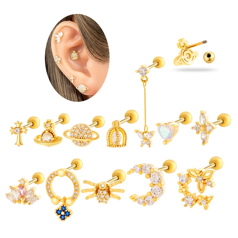 Hengsen Surgical Stainless Steel Ear Lobe Earrings CZ Heart Moon Dangle Ball Back Stud Earring Cartilage Helix Piercing Jewelry