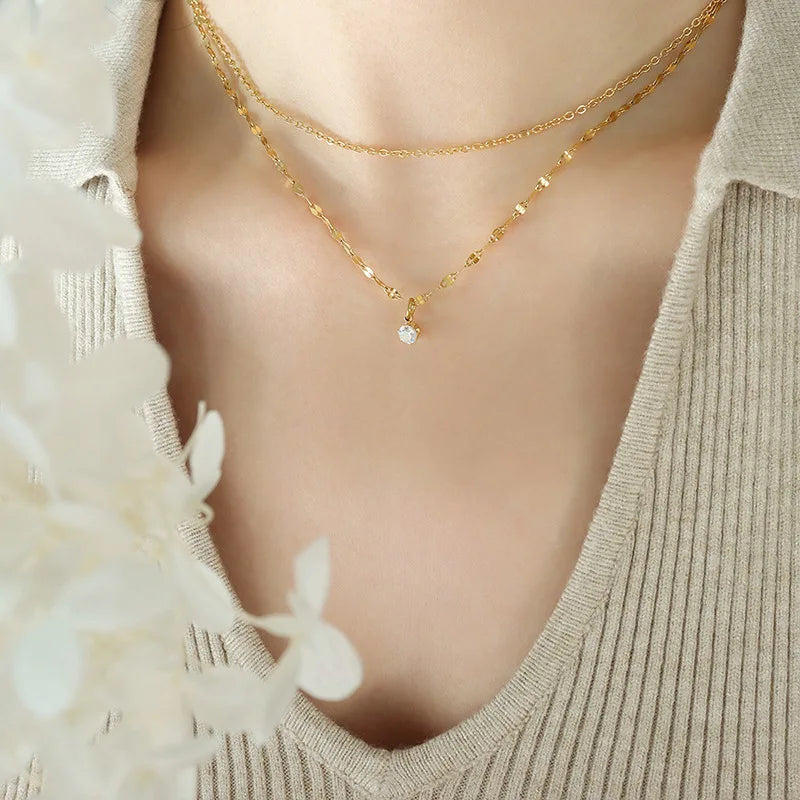 New Fashion Unique Design Popular 18K Gold Plated Stainless Steel Clear CZ Double Layer Pendant Collarbone Necklace Women P806