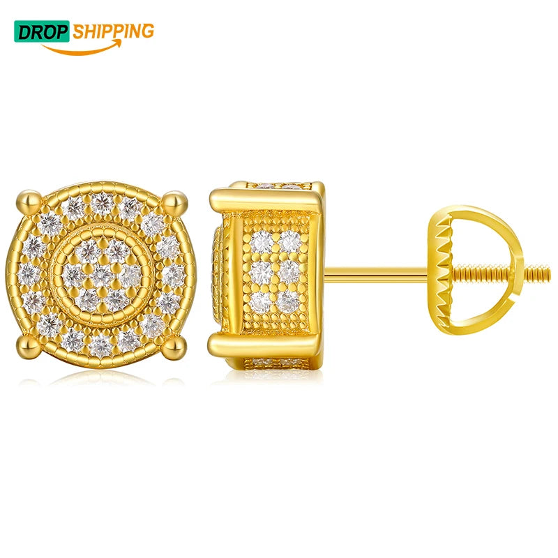 Drop Shipping 1pcs Service White 14K Gold Plated 925 Sterling Silver Iced Out CZ Round Shape VVS Moissanite Stud Earrings