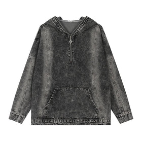 Autumn Quarter Zip Men's Denim Jacket with Cartoon Pattern Hood 100% Cotton Woven Fabric Washed Denim