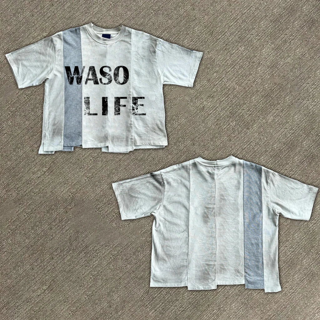 Custom Streetwear Screen Printing Heavy Cotto T-shirt Man Oversized Paneled Acid Wash Vintage Cut and Sew t Shirt for Men