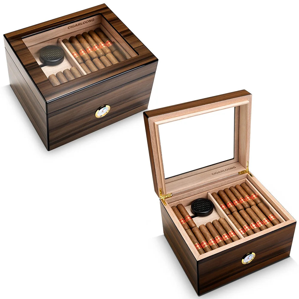 CIGARLOONG Piano Paint Portable Clear Window Cedar Wood Cigar Humidor With Round Humidifier