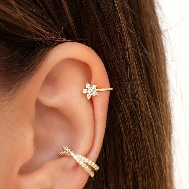 Dainty 14k Gold Plated 925 Sterling Silver CZ Pave Flower Shape Helix Ear Cuff Earrings for Women