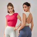 Women's Summer Crop Running T-Shirt Lightweight Backless Hollow Back Padded Compression Stretchy Soft Quick Print Small Adults