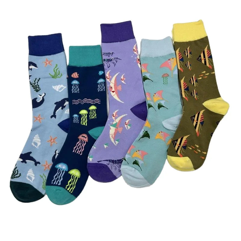 2023 New Design Custom Cotton Socks Marine Animals Dolphin Conch Starfish Jellyfish Shrimp Manta Rays for Cute Unisex Socks