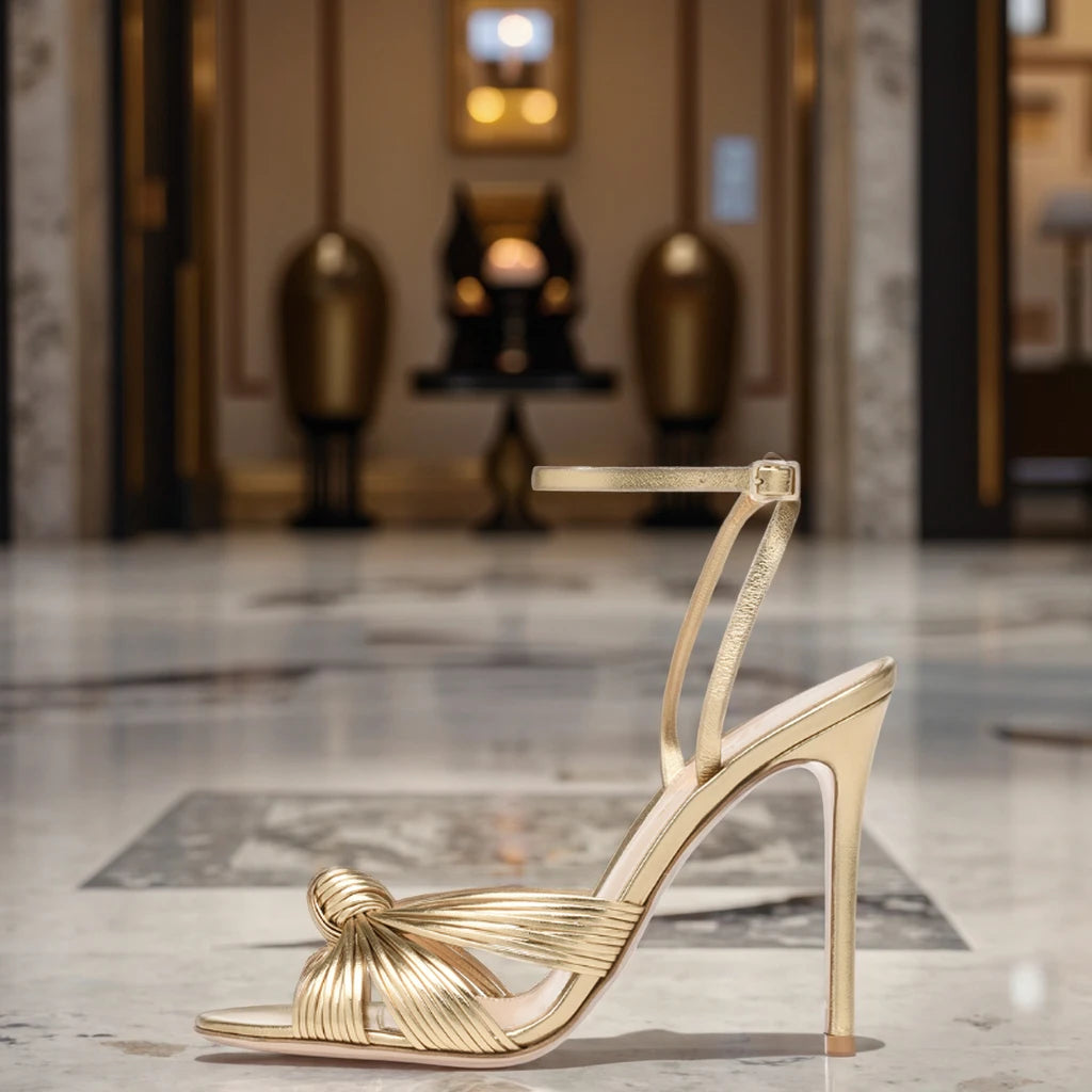 Women's Elegant Gold PU Leather Wedge Heel Summer Sandals Open Knotted Strappy Design Ankle Strap Shoes for Autumn Big Events