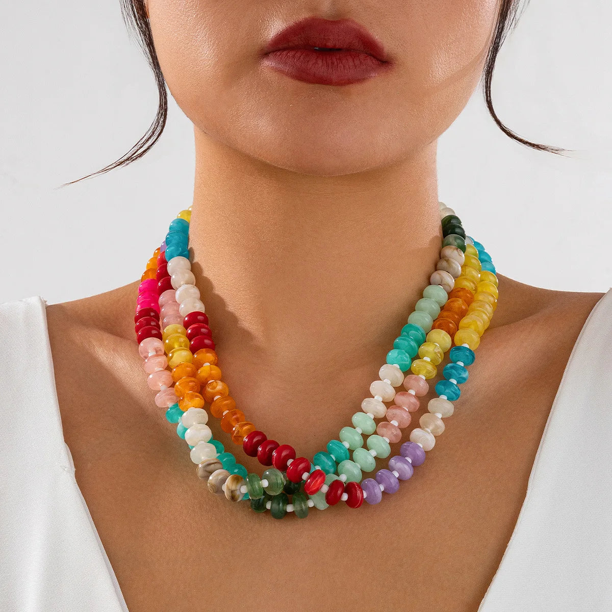 Summer Beach Hot Selling Fashion Necklace Jewelry Colored Acrylic Beads Rainbow Beaded Necklace for Women