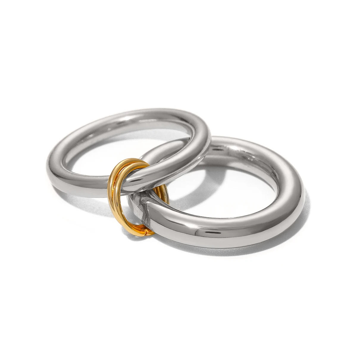 Modern Style Two-Piece Ring Set 18K Gold Plated Stainless Steel with Steel Color Metallic Glossy Finish for Engagement Gift