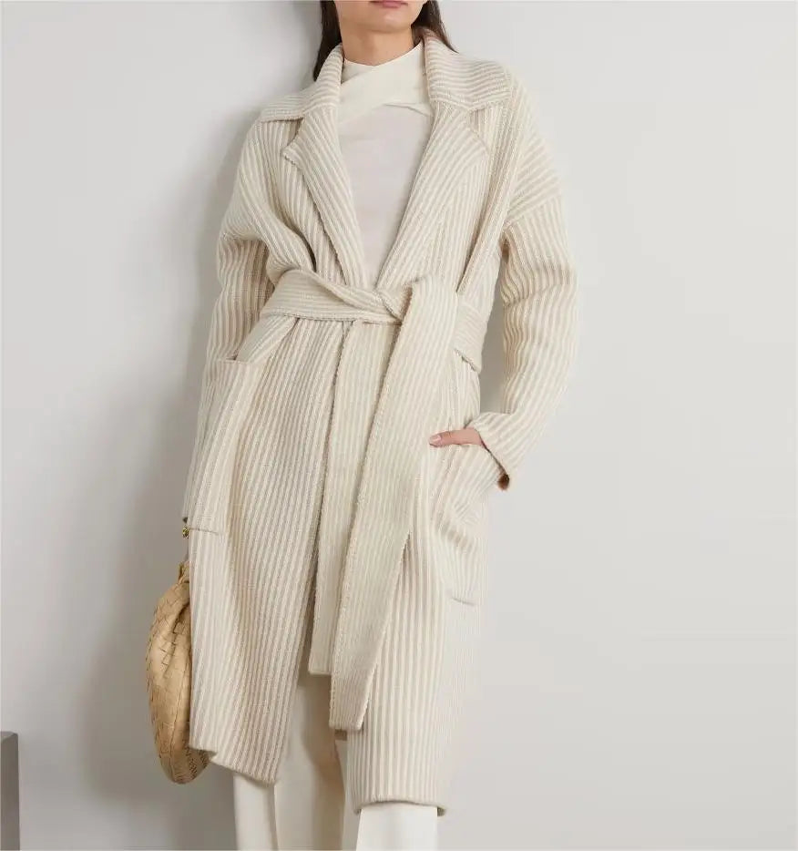 2026 Knitwear Manufacturer Custom Ladies Comfortable Women Striped Ribbed Knit Merino Wool Blend Cardigan Sweater With Belt