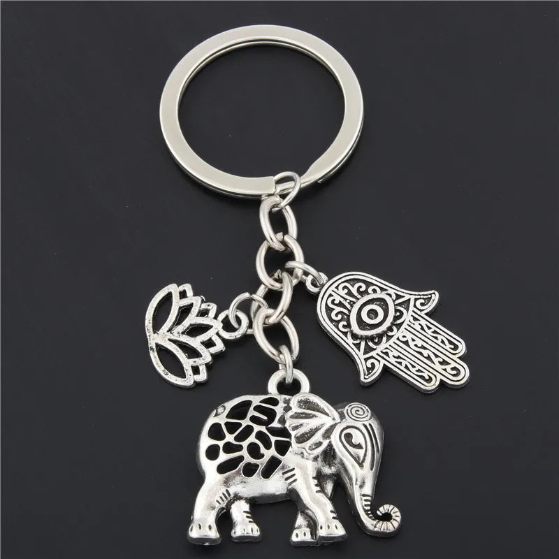 DIY Silver Hollowed Tribal Ethnic Keychains Yoga Bohemia Gift Key Holder Lotus Jewelry Hand Elephant Car Keyring for Women