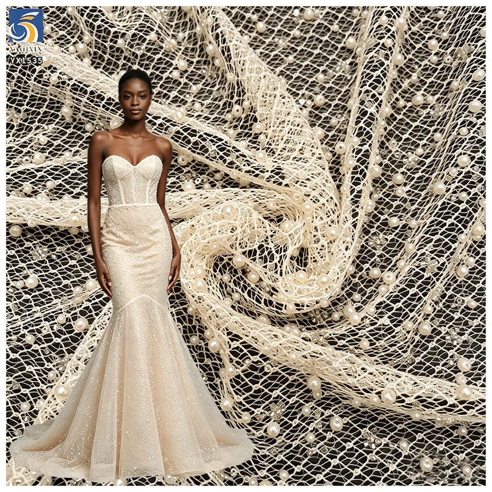 YX1535 Custom Heavy 3D Pearl Beaded Sequin Mesh Lace Fabric 400gsm Decorative Tulle Material for Bridal Wedding Dresses MegaBDM