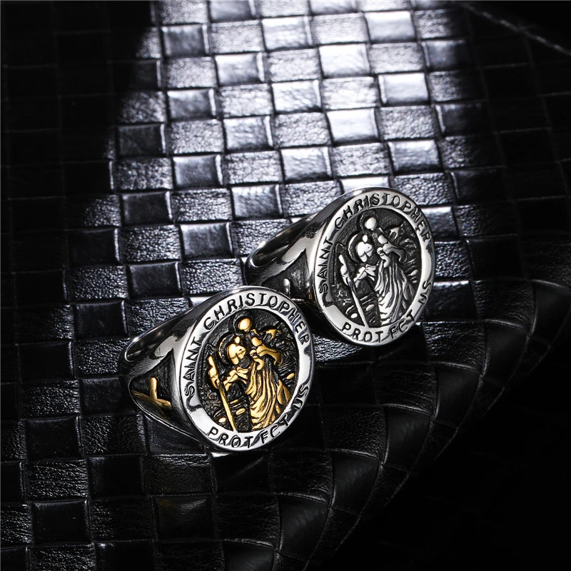 Punk Industrial Style Saint Christopher Relief Signet Ring Real PVD Gold Plated Retro Design Stainless Steel Finger Band for Men
