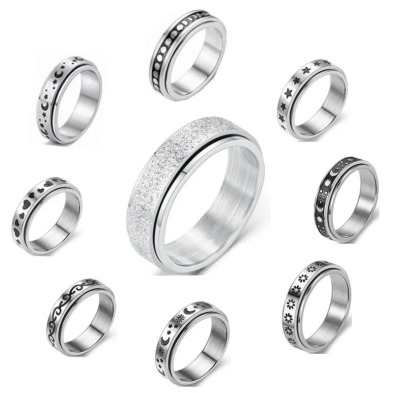 Stainless Steel Spinning Spinner Moon Star Chain Rotating Ring Meditation Spinning Rings Anxiety Fidget Rings for Men Women