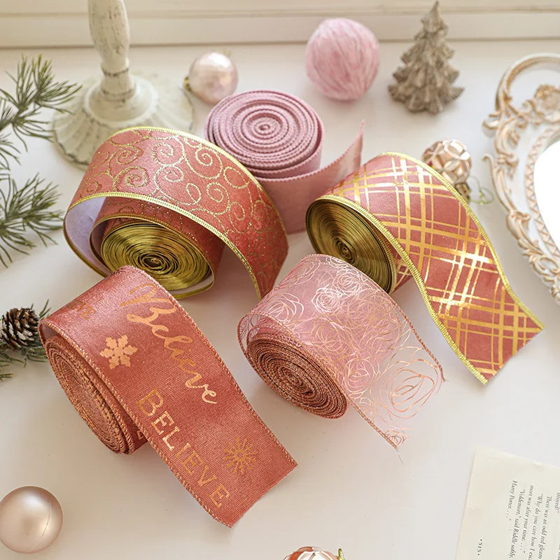 2025 Christmas Party Decor Hot Stamping Merry Christmas Ribbon Roll 63mm Xmas Glitter Bow Gift for Festive Season