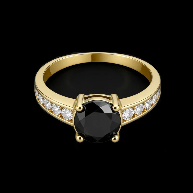 Vintage Style Solitaire Ring 18K Gold Plated Black Agate Engagement Ring with CZ Accents