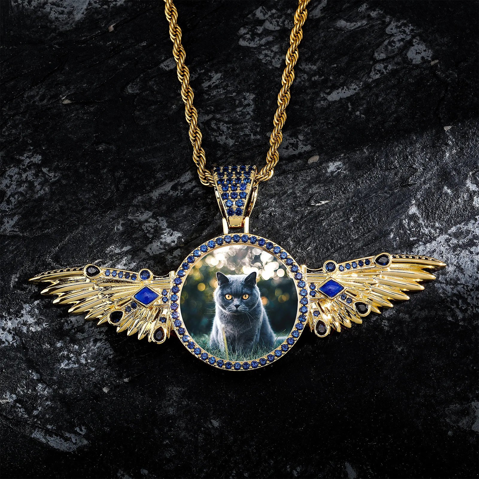 Custom Photo Pendant Necklace 18K Gold Plated Wing Design Hip Hop Copper Zircon Photo Necklace DIY Personalized Jewelry