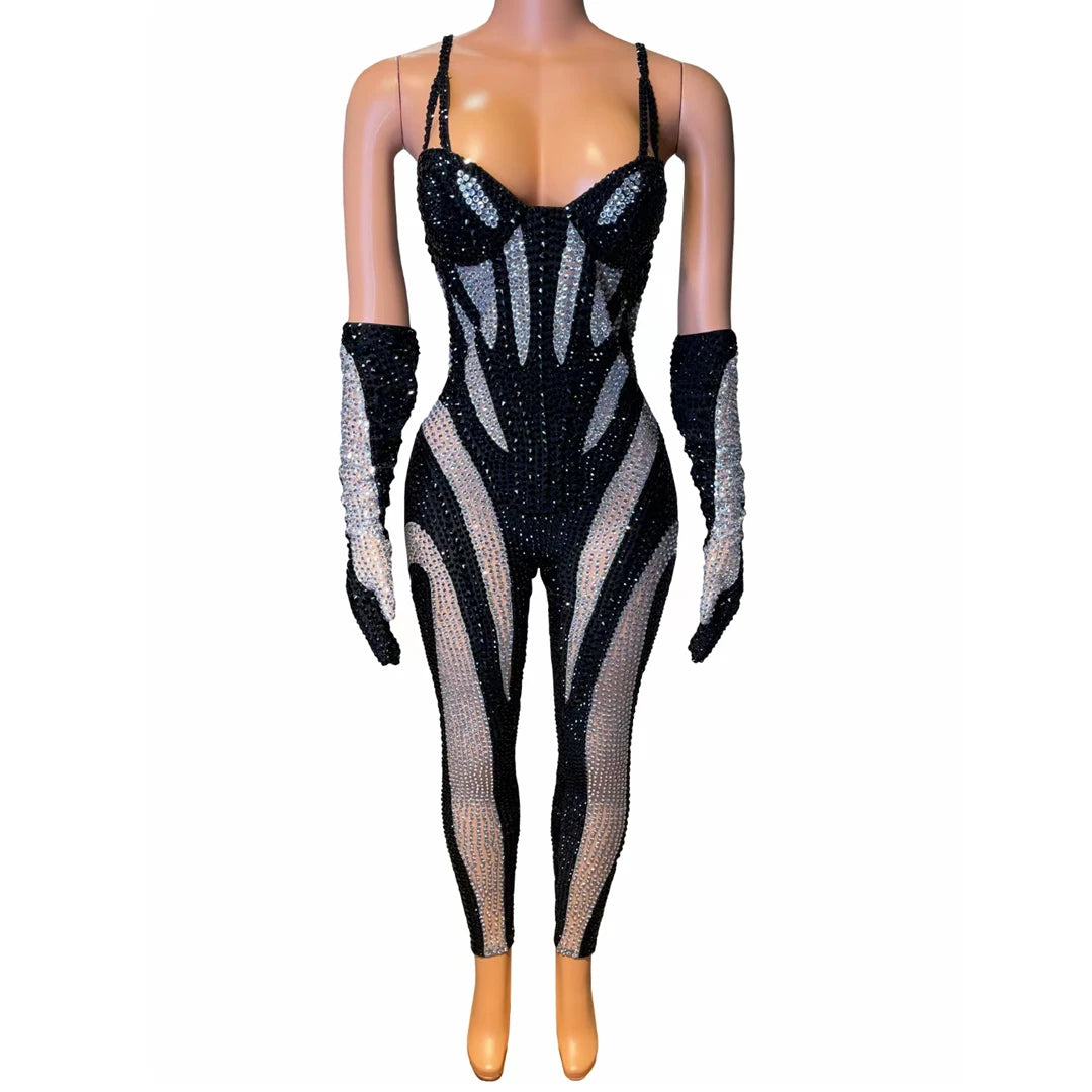 Rhinestone Crystal One Piece Rompers Sexy Sleeveless Stage Performance Bodysuits Women Night Club Party Jumpsuit