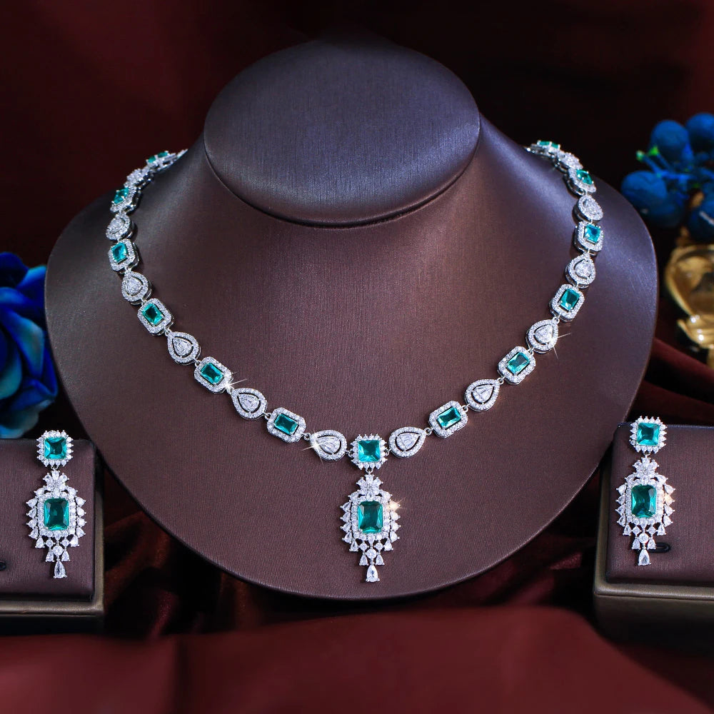 Silver Plated Light Green Square Cubic Zirconia Jewelry Set Accessories Prom Wedding Bridal Long CZ Earrings Necklace for Women