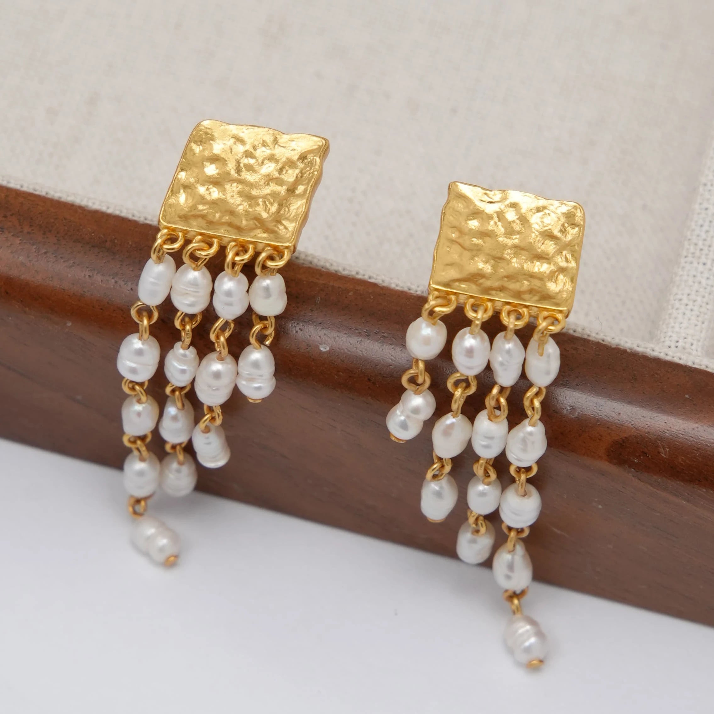 Luxury Real Real Gold Plated Brass Square Natural Pearl Mini Bead Tassel Drop Earrings New Fashion Accessory