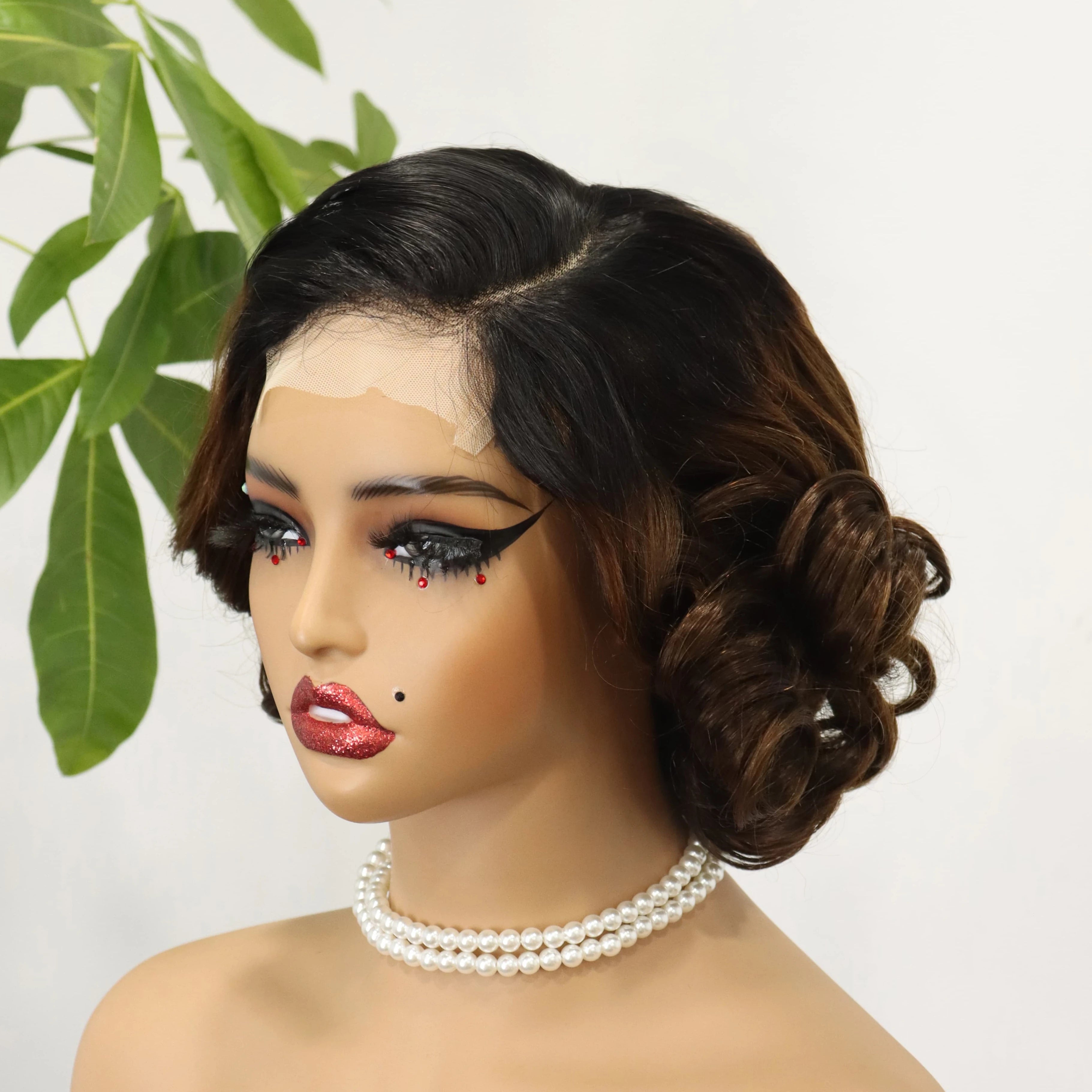 Ombre 1BT4 Short Pixie Cut Wigs for Black Women Transparent Lace Front Closure Human Hair Wigs 4x4 Brown Color Curly Wavy