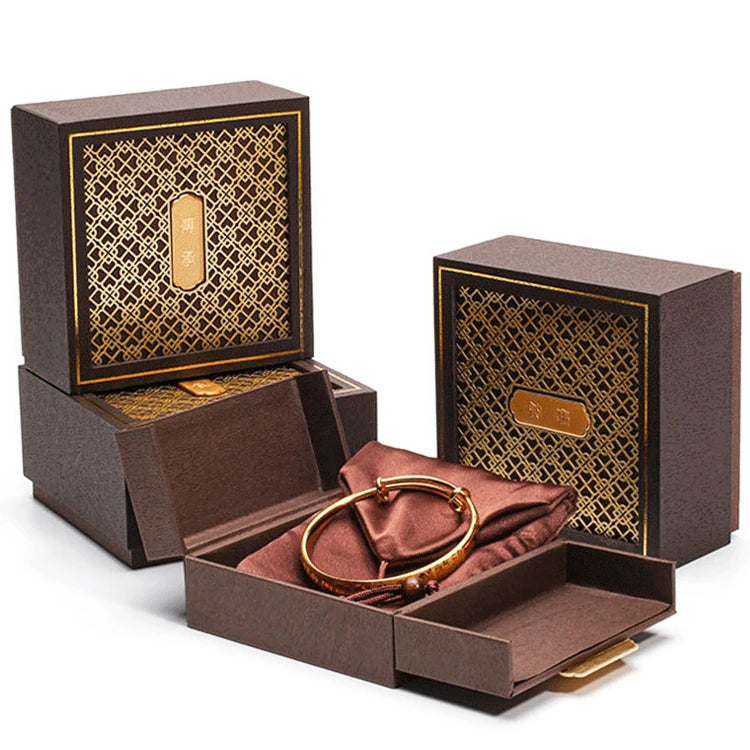 Vintage Gold Box Hollowed Out Brown Red Jewelry Storage Box
