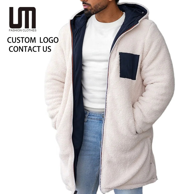 New Products 2025 Autumn Winter Men Warm Fleece Cardigan Patchwork Zipper Hooded Coat Vintage Wool Outerwear Casual Loose Jacket