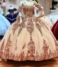 Rose Gold Sparkly Ball Gown Quinceanera Dresses Long Sleeves Off the Shoulder Applique Sweet 16 Dress Party Wear MQ642