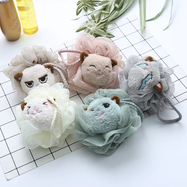 Custom Skin Exfoliating Mesh Body Net Scrubbing Bath Sponge Cat Shape Bath Flower Shower Sponge