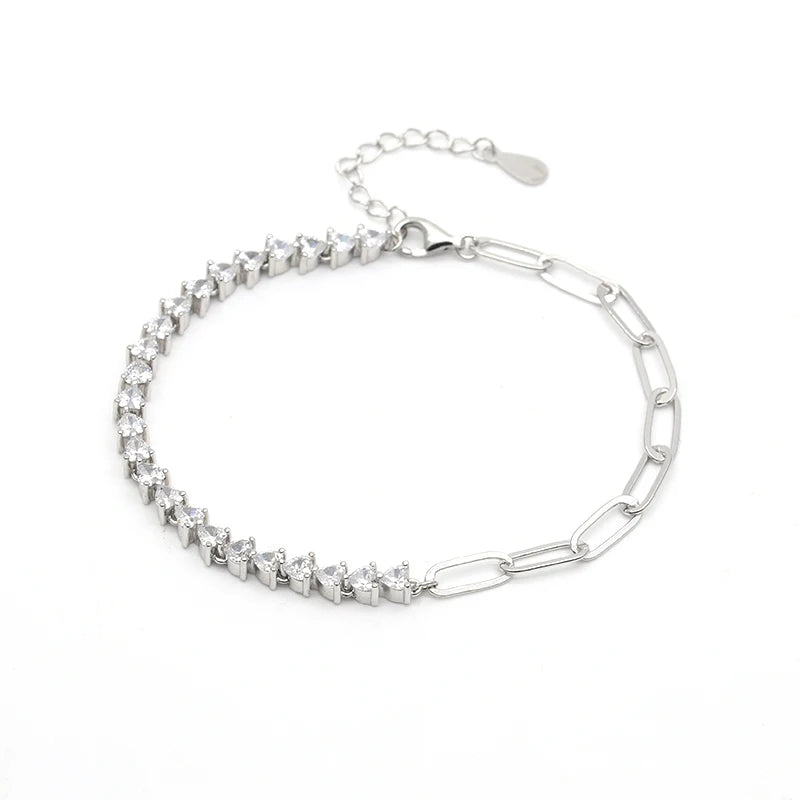 Fashion Classic Prong-Setting Heart-Shaped Zircon Paperclip Link Chain Bracelet 925 Sterling Silver Bracelet Women Party Gift