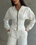 Autumn Casual Outfits Fleeced Lined Wide Leg Sweatpants and Zip up Hoodie Two Piece Set Women