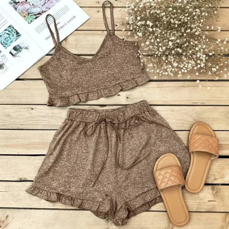 2020 amazon  Hot Style Space Dye Ruffled Edge Halter Top and Shorts Set