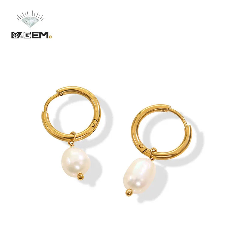 Fresh Water  Baroque Huggie Hoop Earrings Pearl Geometric Shape R.GEM. 18K Gold Stainless SteelTrendy Elegant Dainty Natural