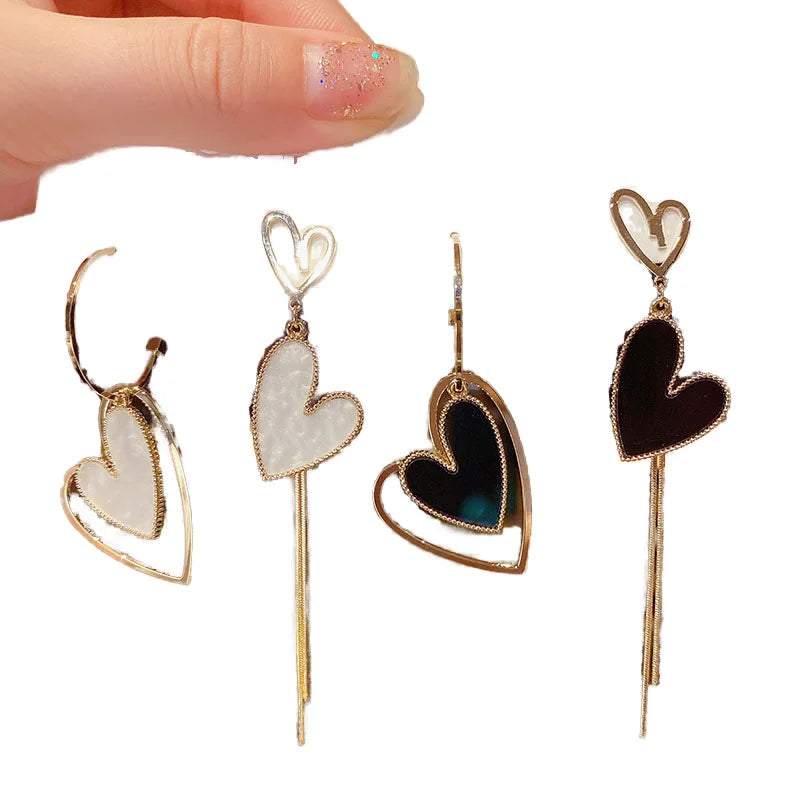 Korean Fashion Jewelry Gold Plated Asymmetric Love Statement Earrings Tassel Heart-shaped Long Brincos for Women Trendy Style