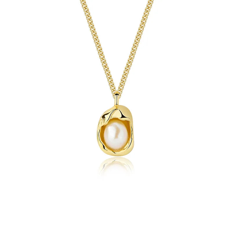 Romantic S925 Sterling Silver Necklace Wild  Pearl Texture Pearl Pendants Gold Plated Necklace