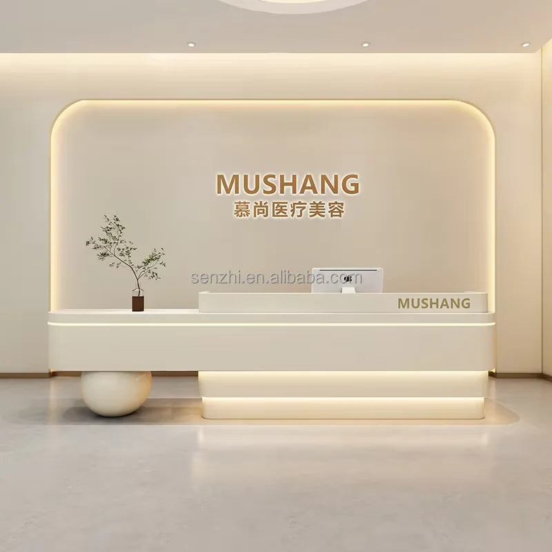 Simple Reception Desk with Round Pillars Marble Seats Colorful Lights Salon Counter Jewelry Reception Desk with Novel Design