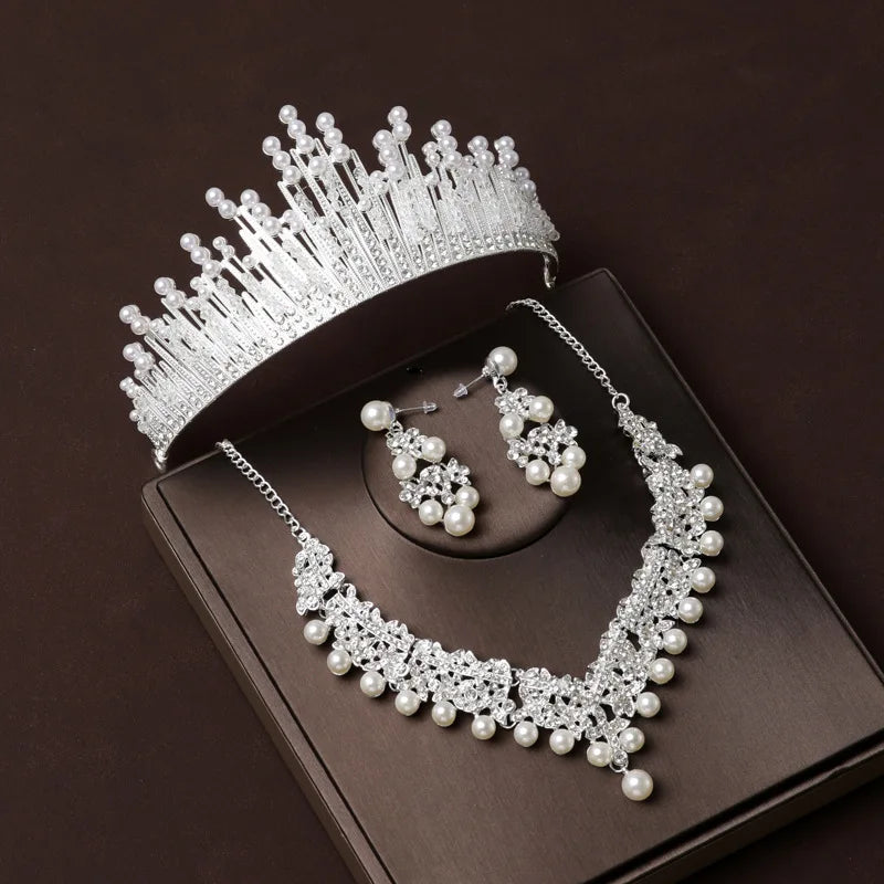 Pearl Crown Headwear Bridal High Grade Master Wedding Dress Necklace Three Piece Set