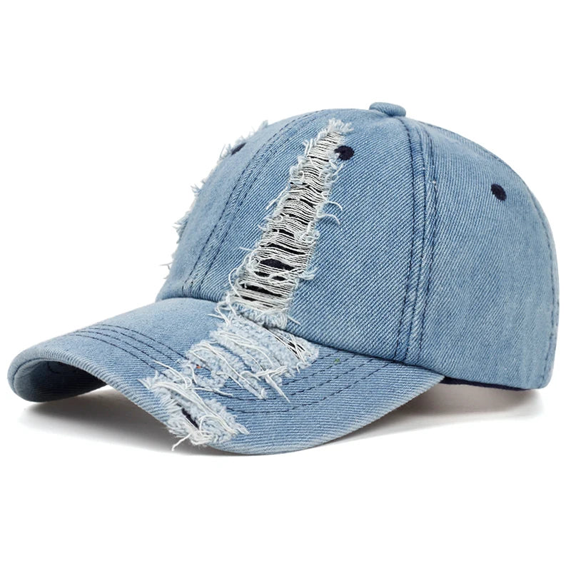 Fashion Distressed Denim Baseball Cap Blank Washed Jean Vintage Adjustable Dad Hat Breathable Waterproof Unisex Danleiyuan Ht109