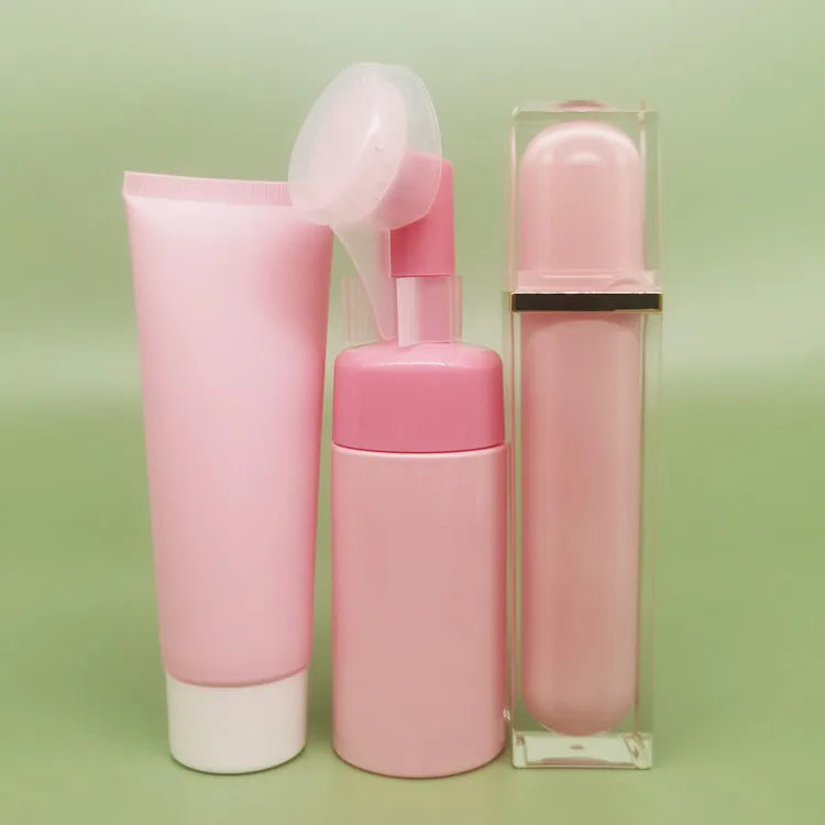 Luxury Cylinder Frosted pink Glass Cosmetic Skincare Product Bottles Packaging Set for Lotion Toner and Cosmetic Cream